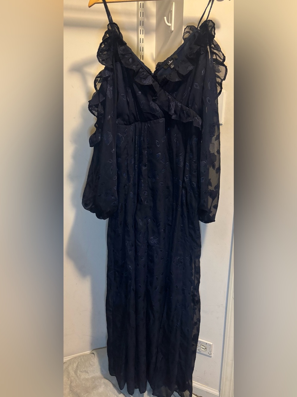 Lulu's Navy Ruffled Maxi Dress with Sheer Long Sleeves